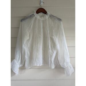 Cream Swiss Dot Ruffle Poet Sleeve Blouse Sheer Floaty Victorian Medium